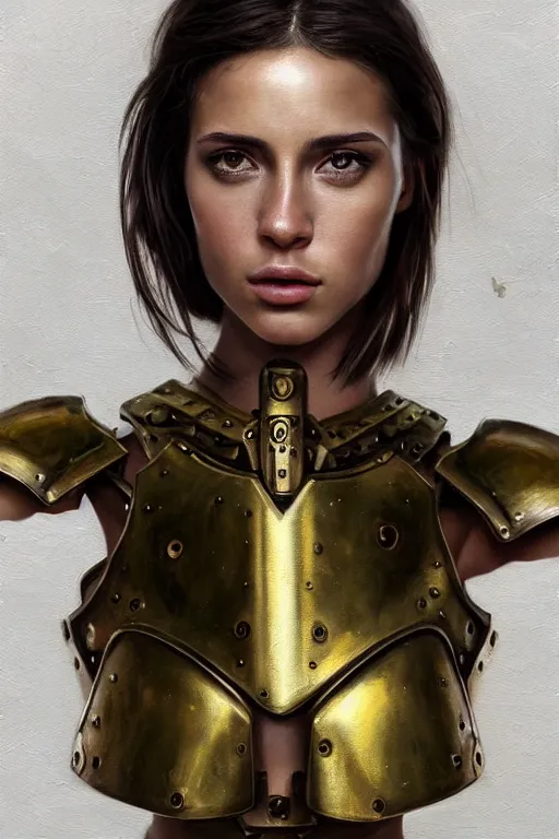 Image similar to a photorealistically painted portrait of an attractive young female, partially clothed in metal-plated battle armor, abstract background, flawless olive skin, fair complexion, long dark hair, beautiful bone structure, perfectly symmetric facial features, perfect photorealistic eyes, natural physique, intricate, elegant, digital painting, concept art, finely detailed, beautifully illustrated, sharp focus, minimal artifacts, volumetric lighting, from Metal Gear, by Ruan Jia and Mandy Jurgens and Artgerm and William-Adolphe Bouguerea, in the style of Greg Rutkowski, trending on Artstation, award winning art