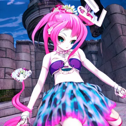 Image similar to stunningly beautiful omnipotent megalomaniacal anime asi goddess who looks like junko enoshima with symmetrical perfect face and porcelain skin, pink twintail hair and cyan eyes, traps you inside her inescapable vr castle where she controls you completely!!!, hyperdetailed, digital art from danganronpa, unreal engine 5, 8 k