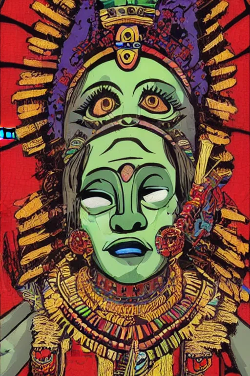 Image similar to close up portrait of a beautiful aztec queen with elaborate head dress by jamie hewlett, jamie hewlett art, full body character concept art, vaporwave colors,