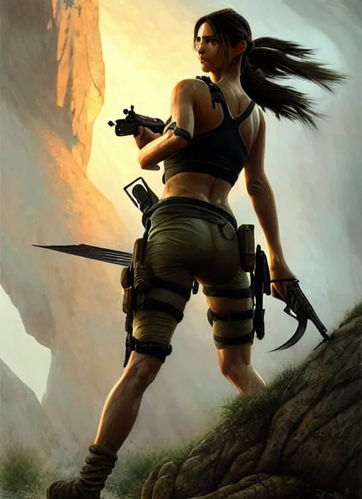 Image similar to lara croft and colin farrell as combat specialists, fantasy magic, light night, intricate, elegant, sharp focus, illustration, highly detailed, digital painting, concept art, matte, art by wlop and artgerm and ivan shishkin and andrey shishkin, masterpiece