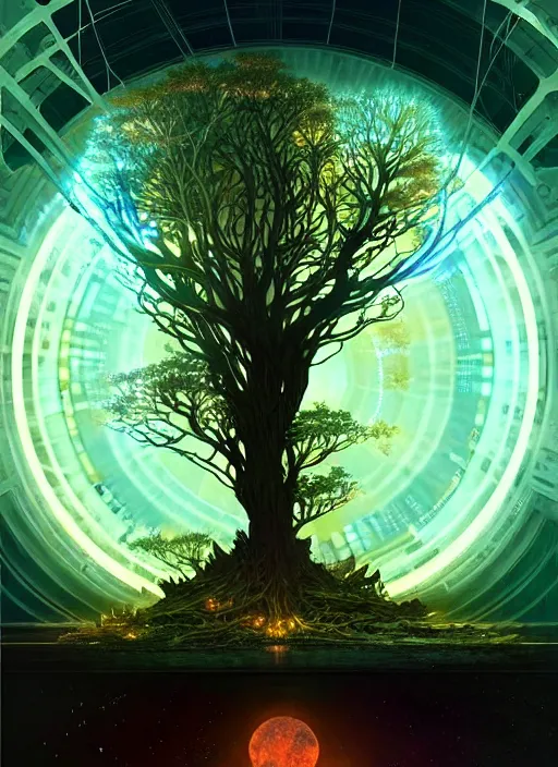 Image similar to high depth, collective civilization tree, calm, healing, resting, life, hybrids, scifi, glowing lights!!, published concept art, mixed medias, image overlays, sharp focus, thin glowing wires, winning illustration, art by greg rutkowski and alphonse mucha, singularity!!!, 3 6 0 projection