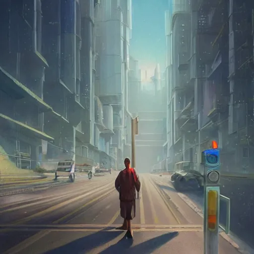 Image similar to a painting of a person standing on a road, concept art by chris labrooy, cgsociety, retrofuturism, sci - fi, concept art, futuristic