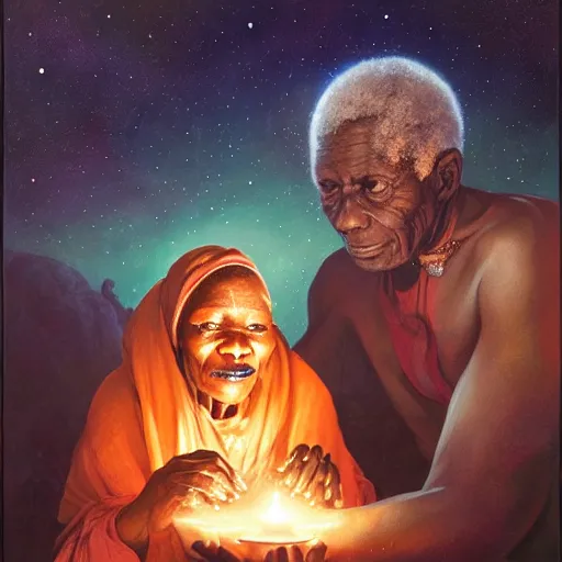 Prompt: an elder african psychic woman reading her crystal ball under a meteor shower, greg rutkowski and android jones and amanda sage, oil on canvas, 8k