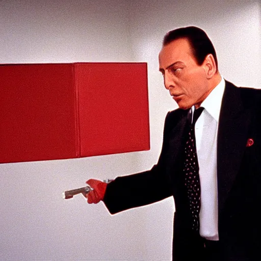 Image similar to Silvio Berlusconi in Pulp Fiction opening a red square featureless metallic box