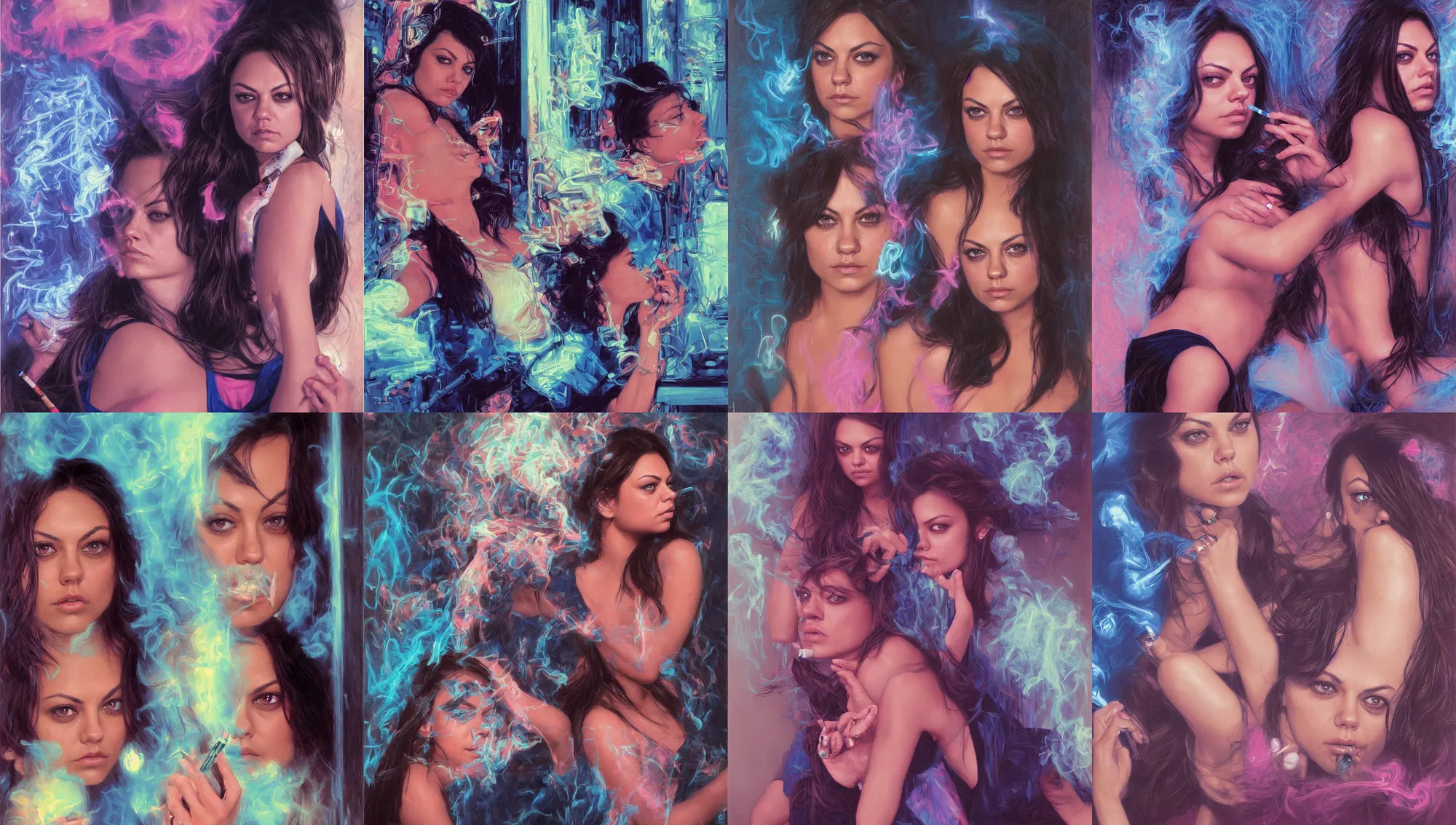 Image similar to portrait mila kunis looking into the camera leaning back against a wall smoking a cigarette, blue and pink neon lit entrance, 1 9 8 0 s, intricate, moody, tasteful, intimate, highly detailed, short focus depth, artgerm, donato giancola, joseph christian leyendecker