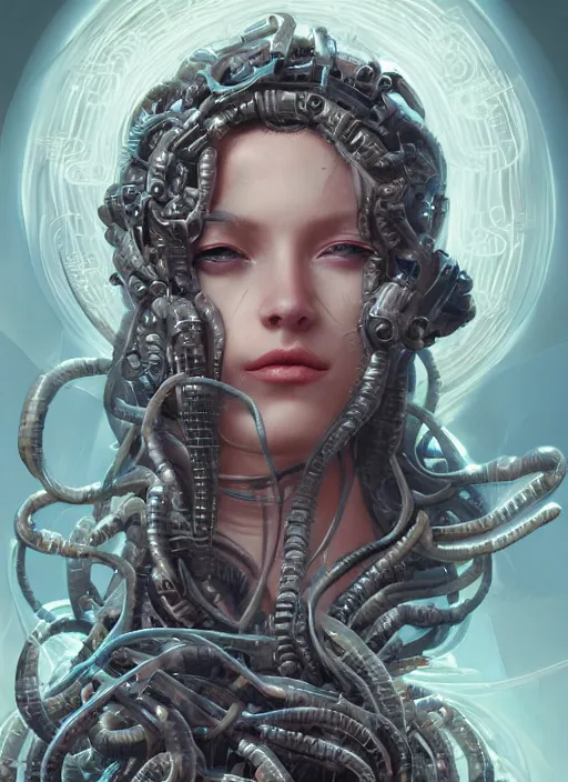 Image similar to high intricate portrait of medusa with cybernetic enhancements, maria panfilova, andrea savchenko, mike kime, ludovic plouffe, qi sheng luo, oliver cook, makoto shinkai, trending on artstation