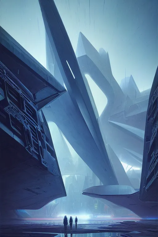 Image similar to emissary futuristic downtown by tim blandin and arthur haas and bruce pennington and john schoenherr, cinematic matte painting, zaha hadid building, photo realism, dark moody color palate, blue hour stars, desolate glacial landscape,