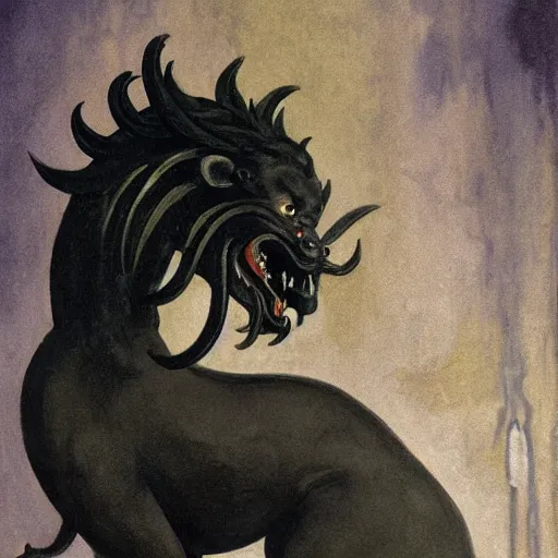 Prompt: close up of a black scary chimera in a temple, art nouveau wallpaper, dripping watercolor by gottfried helnwein, by hammershøi, highly detailed, lights by edward hopper, liminal, eerie, pastel colors, limited palette