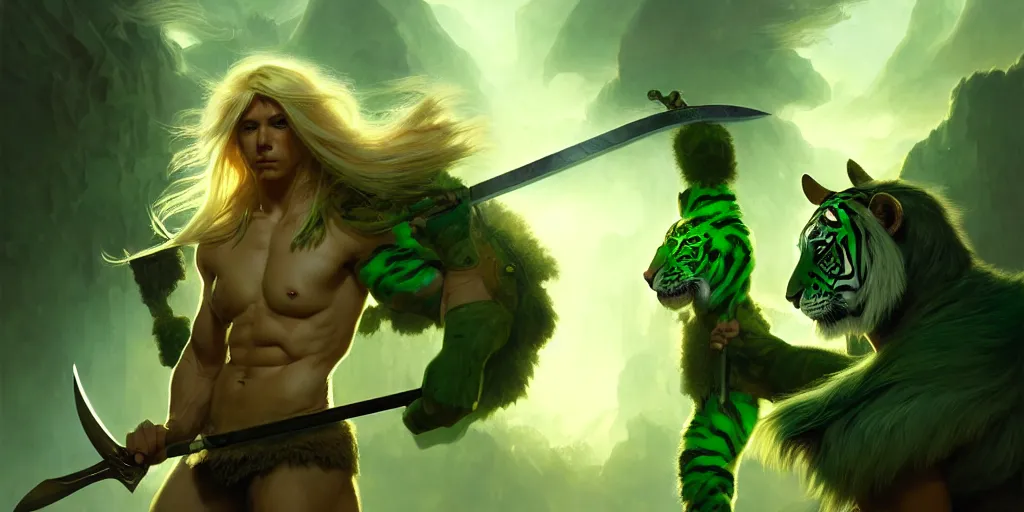 Image similar to a blonde haired muscular barbarian with a sword and a green tiger, cinematic, volumetric moody lighting, highly detailed, digital painting, artstation, concept art, matte, sharp focus, illustration, art by artgerm and greg rutkowski and alphonse mucha