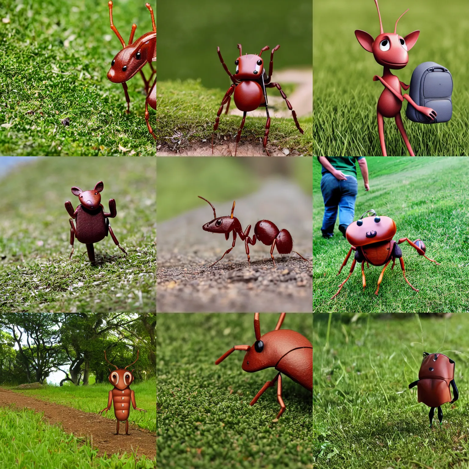 Image similar to an anthropomorphic ant wearing a backpack, walking through a green pasture