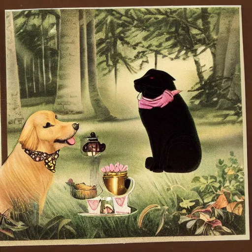 Image similar to vintage photograph of a golden retriever and a black kitty having a tea party in the forest