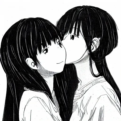 Image similar to portrait of two girls kissing, detailed manga art