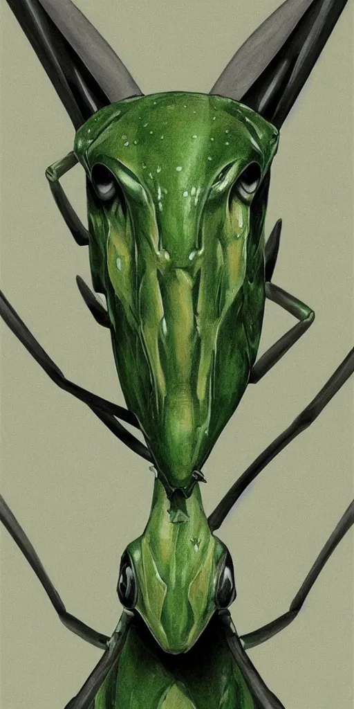 Prompt: stunning portrait of a green photorealistic mantis religiosa ; powerful front raptoriales ; hard predatory look ; d & d rogue ; flat! triangle! - shaped head with thin!! thread - like antennae ; concept art ; artstation ; 8 k ; wallpapers ; heavy contrast ; cinematic art ; cgsociety ; art by greg rutkowski