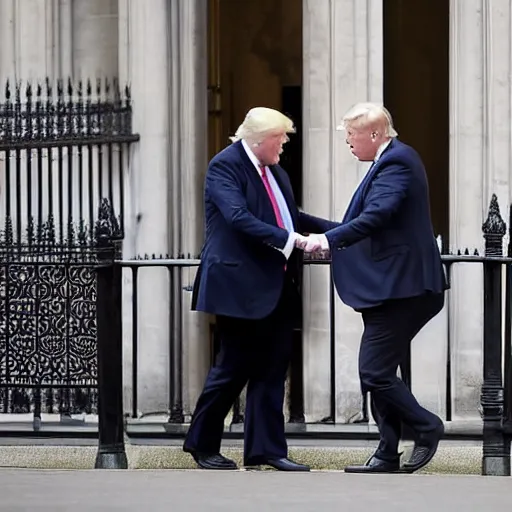 Image similar to a paparazzi photo of boris johnson on a date with donald trump along the houses of parliament, london, the sun newspaper, detailed, canon eos, f / 1. 2, 2 0 0 mm lens