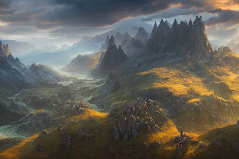 Prompt: high aerial shot, cinematic fantasy painting, dungeons and dragons, plains mountains and rivers, with sunset lighting ominous shadows by jessica rossier and brian froud cinematic painting