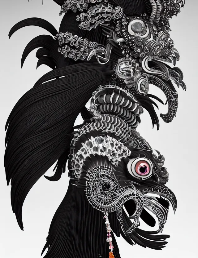 Image similar to 3 d goddess close - up profile portrait punk with mohawk with ram skull. beautiful intricately detailed japanese crow kitsune mask and clasical japanese kimono. betta fish, jellyfish phoenix, bio luminescent, plasma, ice, water, wind, creature, artwork by tooth wu and wlop and beeple and greg rutkowski