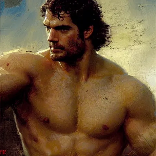 Prompt: Henry Cavill as a roman warrior, muscular, thighs!!!!, painting by Gaston Bussiere, Craig Mullins