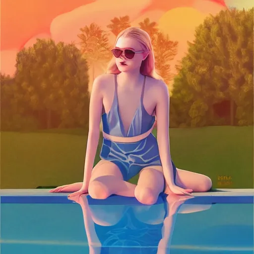 Image similar to Elle Fanning, next to a pool, golden hour, in a garden, artstation, in the style of Art Deco