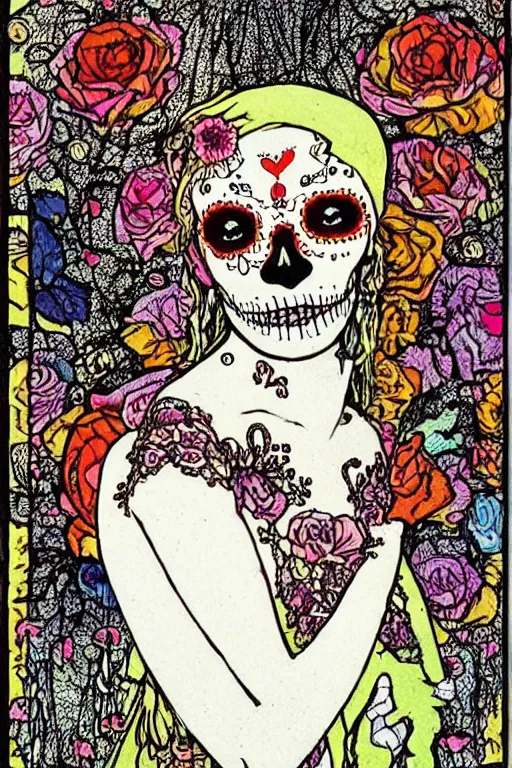 Prompt: Illustration of a sugar skull day of the dead girl, art by harry clarke