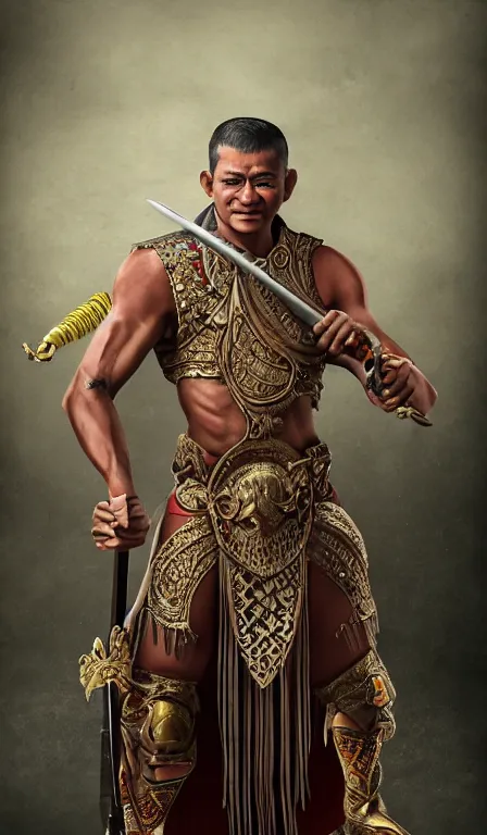 Image similar to a medium shot, studio photographic portrait of gatot kaca by David Silis, wielding a keris sword,javanese mythology,concept art,realistic,photorealistic,8k