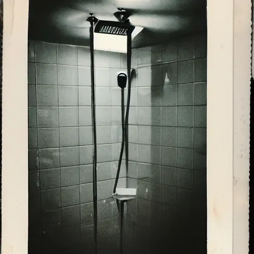 Prompt: a Polaroid photo of a shower that has a water pump and heater connected to it so the water flows from the drain back in to the shower head, beams of light, nostalgic