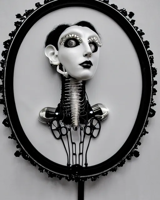 Prompt: black and white dreamy foggy poetic smoky profile face portrait, one silver steampunk realistic eye biomechanical beautiful angelic young female cyclope - cyborg - robot bust, body ribs meshes,, volumetric light, hibiscus flowers, by man ray, rim light, big gothic fashion pearl embroidered collar, 8 k