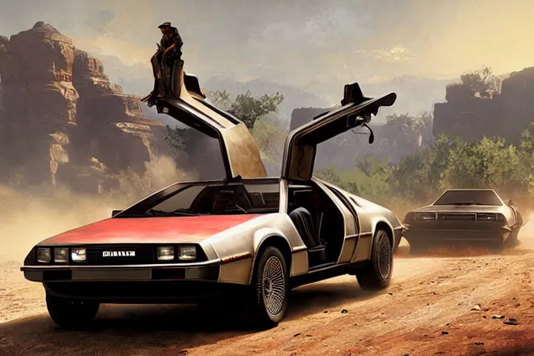 Image similar to delorean in red dead redemption 2, by greg rutkowski, by stanley artgerm, by alphonse mucha