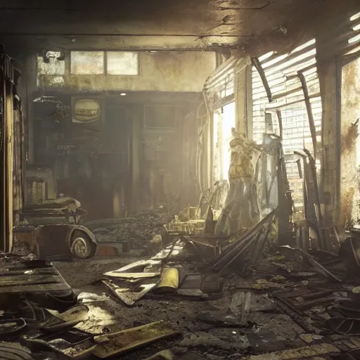 Image similar to fallout 5, indoors dilapidated shop interior, atmospheric lighting, painted, intricate, volumetric lighting, beautiful, daytime, sunny weather, slight overcast, golden hour, sharp focus, deep colours, ultra detailed, by leesha hannigan, ross tran, thierry doizon, kai carpenter, ignacio fernandez rios