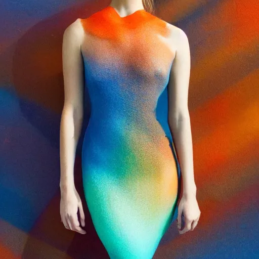 Prompt: beautiful model girl body art fabric skin dress with colouful in a wholesome environment chill and glass shards painting style of jonathan zawada, thisset colours simple background gradient objective light orange and blue amber colours