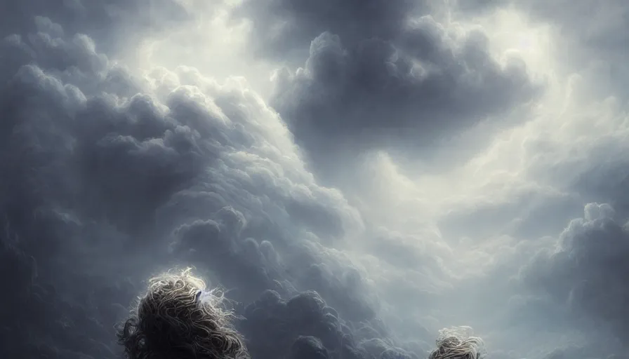 Image similar to face in the clouds, face made out of clouds, fantasy, dramatic, intricate, elegant, highly detailed, digital painting, artstation, concept art, smooth, sharp focus, illustration, art by gustave dore, octane render