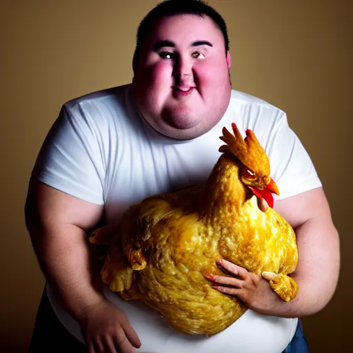 Image similar to fat man with chicken head instead of his head