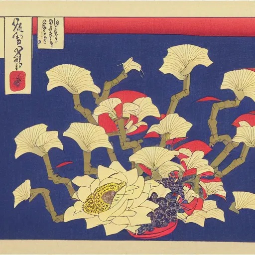 Image similar to bouquet of flowers, centered, symmetrical, ukiyo-e style, Hokusai, Hiroshige