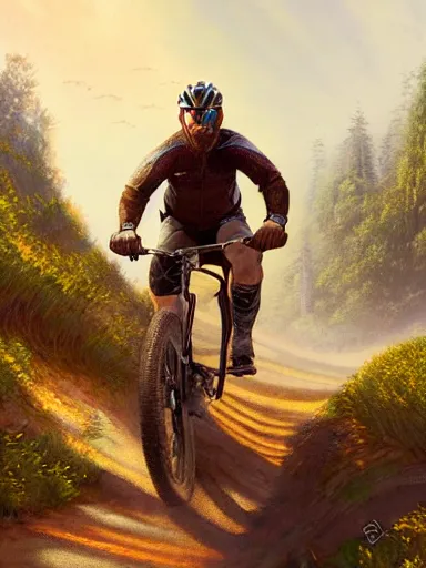 Image similar to handsome man riding a mountain bike in the wild. intricate, elegant, highly detailed, digital painting, artstation, cinematic shot, concept art, sharp focus, illustration, by justin gerard and artgerm, 8 k