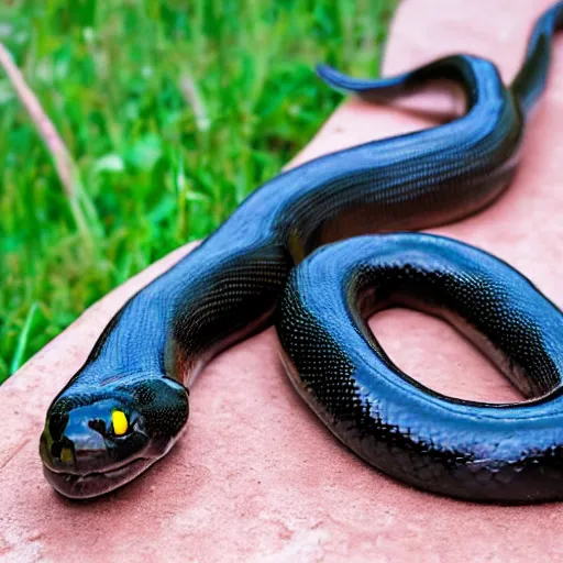 Image similar to big black snake with amber eyes, far shot