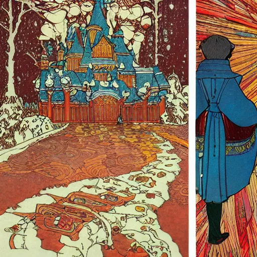 Image similar to detailed ivan bilibin and edmund dulac and ilya kuvshinov and katsuhiro otomo inspired print of a castle in winter