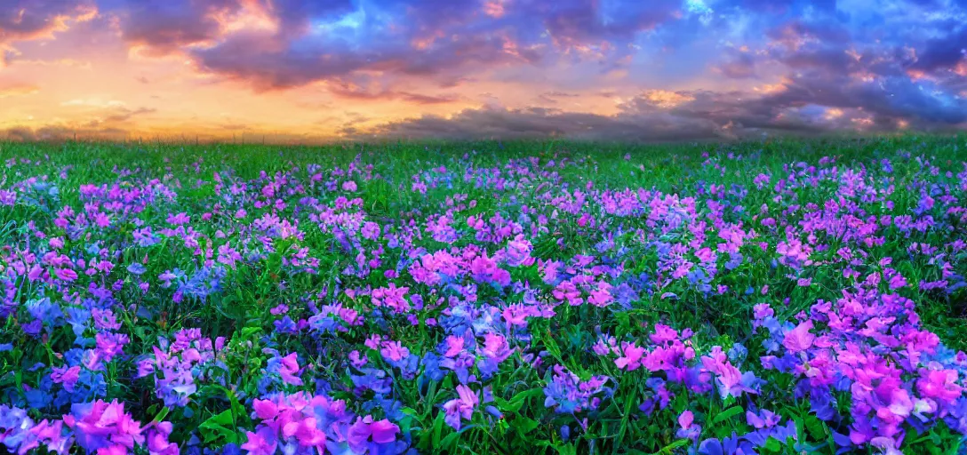 Prompt: an impossible field of beautiful neon colored flowers with a beautiful sunset, vaporwave