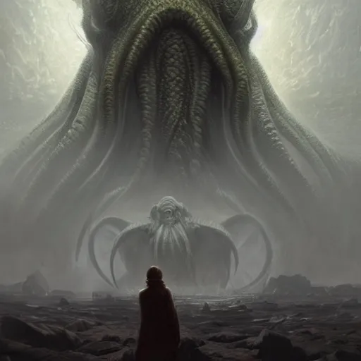 Prompt: human looking at big monstrosity portrait of Cthulhu, hyperdetailed, artstation, cgsociety, by greg rutkowski, by Gustave Dore