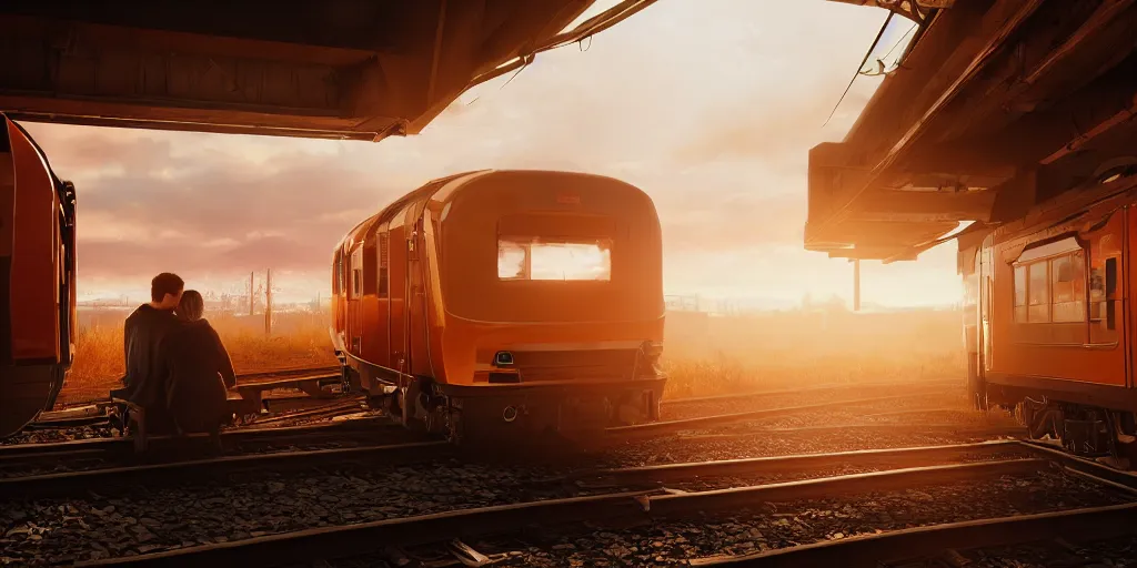 Image similar to young couple sitting in the train wagon, view from the side, stunning volumetric lighting, sundown, trending on Artstation, 8k, photorealistic, hyper detailed, unreal engine 5, cinematic, epic lighting, cryengine, octane render, cyberpunk, red and orange glow