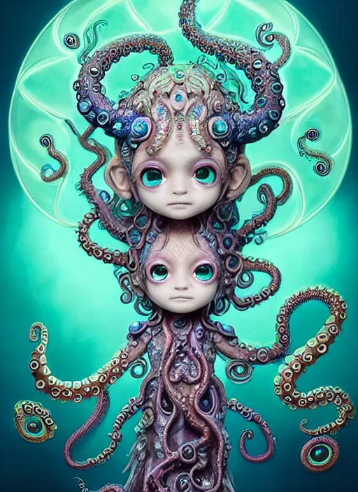 Image similar to A full shot of a cute magical monster Cryptid wearing an ornate dress made of opals and tentacles. Chibi. Subsurface Scattering. Translucent Skin. Caustics. Prismatic light. defined facial features, symmetrical facial features. Opalescent surface. Soft Lighting. beautiful lighting. By Giger and Ruan Jia and Artgerm and WLOP and William-Adolphe Bouguereau and Loish and Lisa Frank. Sailor Moon. Masterpiece. trending on artstation, featured on pixiv, award winning, cinematic composition, dramatic pose, sharp, details, Hyper-detailed, HD, HDR, 4K, 8K.