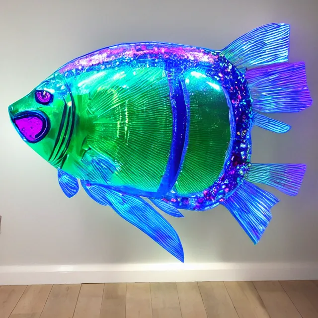 Image similar to megalophobia ultra detailed giant glowing rainbow crystal fish with laser eyes and a heart of gold