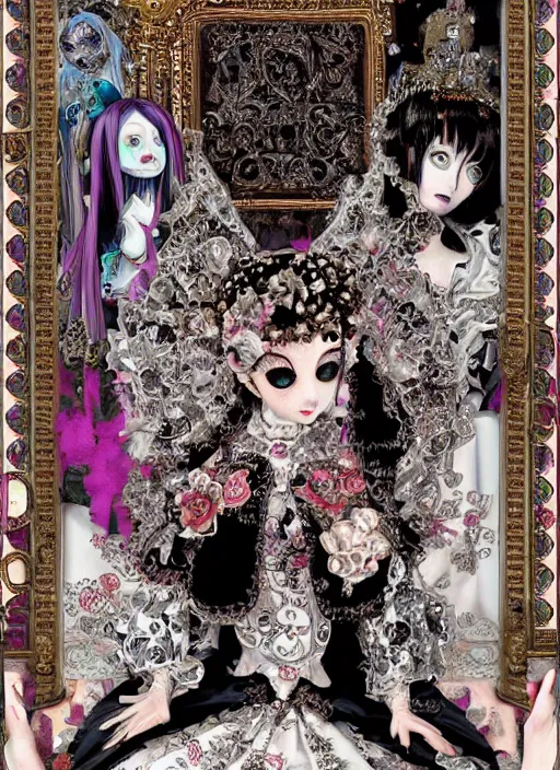 Image similar to baroque bedazzled gothic royalty frames surrounding a pixelsort emo demonic horrorcore japanese beautiful early computer graphics automaton doll, by guro manga artist Shintaro Kago