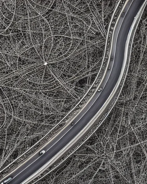 Image similar to orbital motorway, made of intricate decorative lace leaf skeleton, shot from a drone, in the style of the dutch masters and gregory crewdson, dark and moody