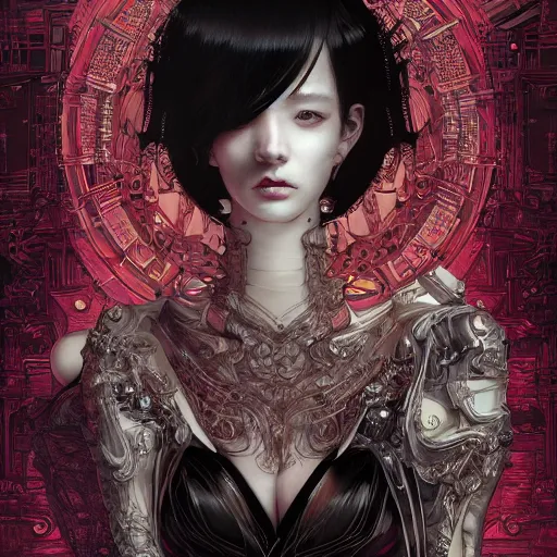 Image similar to the portrait of an absurdly beautiful, graceful, elegant, sophisticated, fashionable cyberpunk gravure idol, an ultrafine hyperdetailed illustration by kim jung gi, irakli nadar, takato yamamoto, intricate linework, bright colors, porcelain skin, unreal engine 5 highly rendered, cgsociety, global illumination, radiant light, detailed and intricate environment