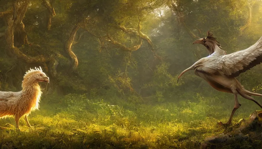 Prompt: A beautiful detailed painting of a griffin in a magical forest, ray traced sun light, by john sargent and Kalin Popov , Trending on artstation HD.