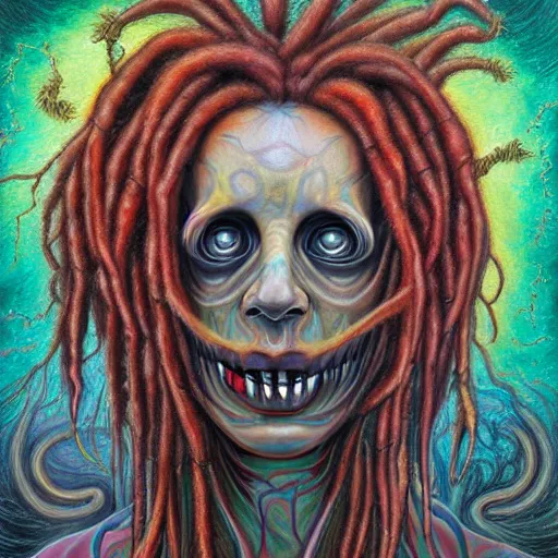 Prompt: the awakening of santa muerte with colorful dreadlocks, by anton semenov, alex grey, and amanda sage in a surreal psychedelic style, oil on canvas, dark and menacing, 8k hd,