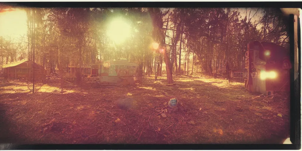 Image similar to polaroid photo of abandoned carnival terrain, vintage colors, lens flare