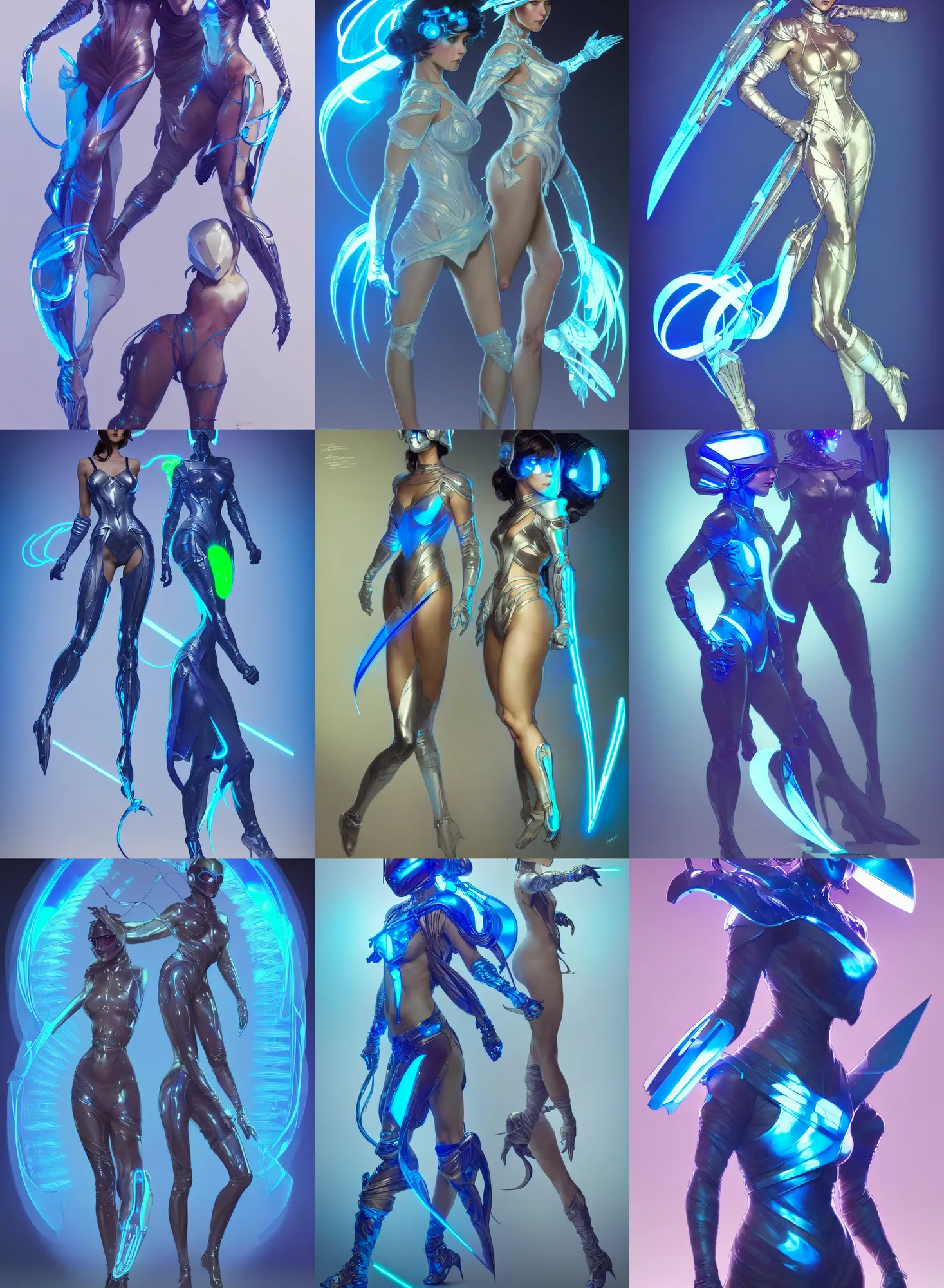 Prompt: a full body character design by artgerm, greg rutkowski and alphonse mucha. sci - fi dagger. laser and fluorescent blue translucent plastic tape project show attctive showgirl!! sci - fi helmet!! sharp edges. contour light effect!!. ultra detailed, elegant, intricate, octane render.