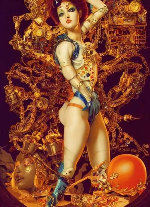 Image similar to full-body rococo and cyberpunk style sculpture of a young seductive Latina princess half android with a chest exposing circuitry, glowing orange seductive laser eyes, crown of red sparks and diamonds, swirling orange-colored silk fabric, robotic raptors. baroque elements. full-length view. intricate artwork by caravaggio. art by Artgerm and Greg Rutkowski and Alphonse Mucha, Trending on artstation, cinematic industrial lighting, hyper realism, octane render, 8k, depth of field, 3D