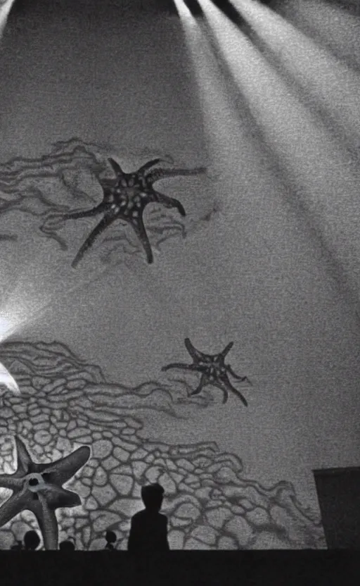 Image similar to light coming out of one starfish - like kaiju anthropomorphic monster, korean film noir by kim jong - il, korean traditional palace, pyongyang city, 1 9 6 0 s, red color bleed, 4 k, video compression, video glitch, monochrome, akira kurosawa, mamoru oshii, wes anderson, stanley kubrick