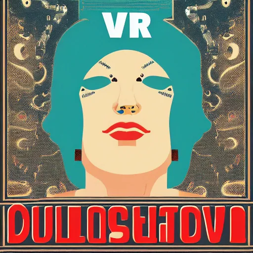 Image similar to a poster in the style of polish poster school for the vr game the curator - a story about the artificial intelligence that creates her own art exhibition